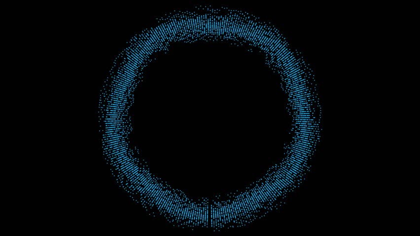 A ring of blue bars and particles animates like a radial audio visualizer with glitch effects. Seamless loop for music, technology, or data concepts. Isolated on black with copy space