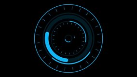 Animated heads-up display element with blue circular loading bars and clock-like markers. Seamless loop for technology, data processing, or sci-fi interface. Isolated on black background - Powered by Shutterstock - Get 15% off with code: PIKWIZARD15