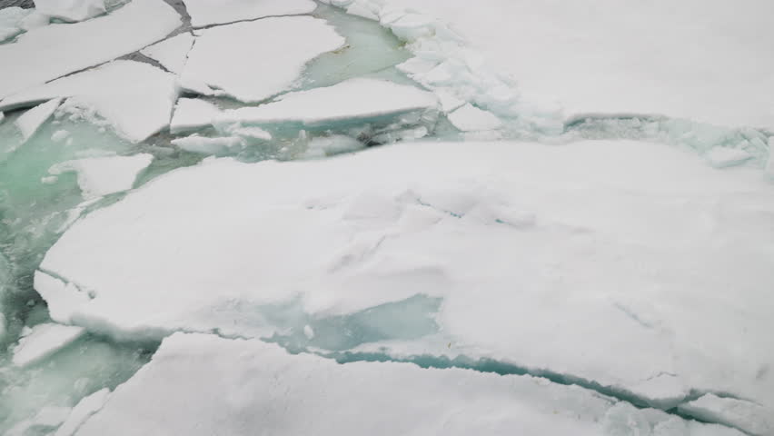 Fractured sea ice floes drift across a frigid polar ocean, with turquoise meltwater pooling between jagged white slabs, revealing thaw and the patterns of a frozen seascape.