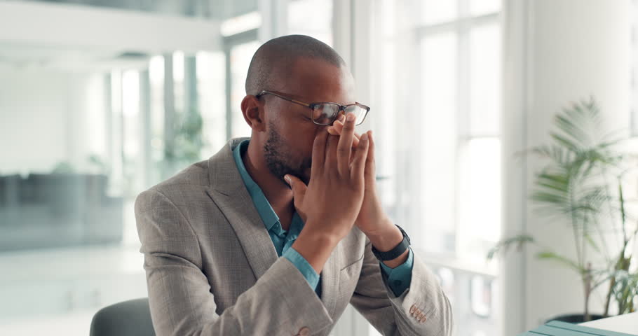 Black man, headache and glasses in office with stress, tired or eye strain at corporate law firm. Person, lawyer and pain with bad vision, burnout or fatigue for legal process with deadline at agency