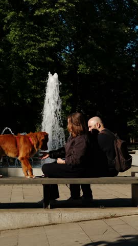 A couple sitting on a bench by a fountain, woman holds the paw of a ginger Nova Scotia Duck Tolling Retriever dog in a park, with sunlight highlighting the scene. Vertical 4k footage.