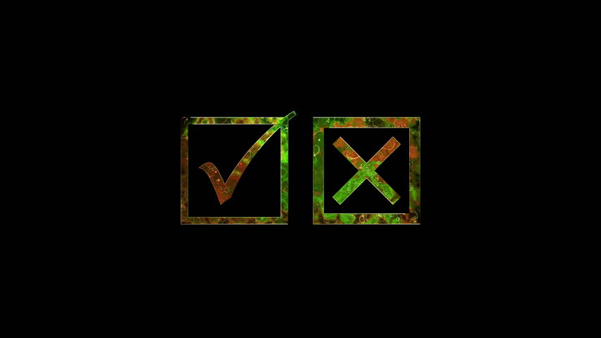 Glowing neon check mark and cross mark icon saber animation on black background. 4K video.