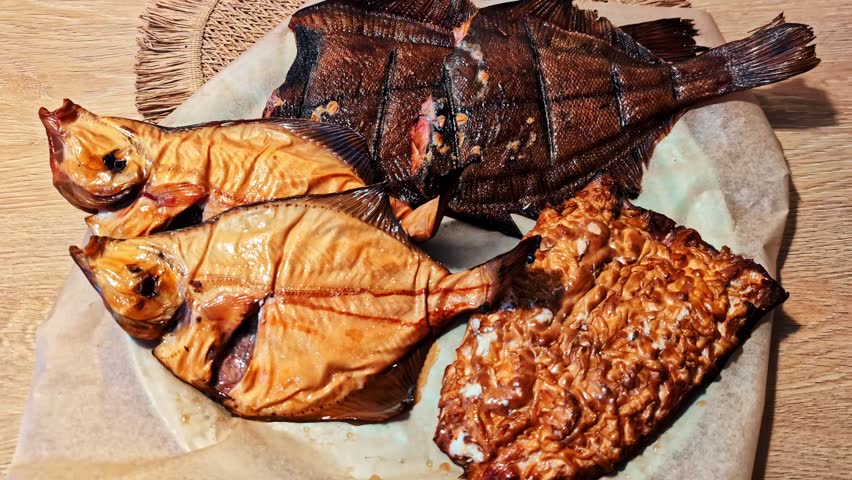 Assorted smoked fish meats resting on wooden board, rustic barbecue style food ready to eat