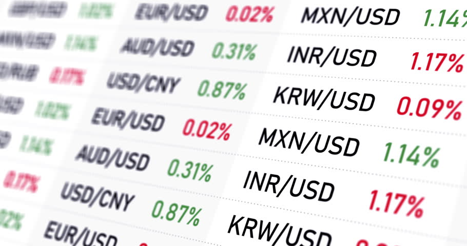 World currency exchange rate, international FX rate of foreign currency table, scrolling list of exchange market, footage