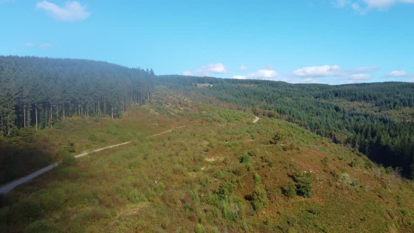 Pushing Aerial Over Forest Covered Hills with Gravel Track Winding Through the Mountain. Natural Environment in Welsh Countryside. Travel Adventure Clip.