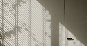 Sunlight streams through window blinds, casting shadows on a plain wall and a white door. The striped shade provides a textured backdrop, adding depth to the scene. home decor, interior design - Powered by Shutterstock - Get 15% off with code: PIKWIZARD15