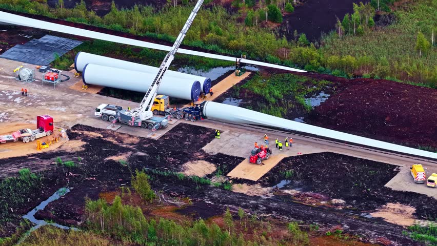 Construction Of A Wind Farm, Assembly And Installation Of Wind Turbine Components. - aerial shot
