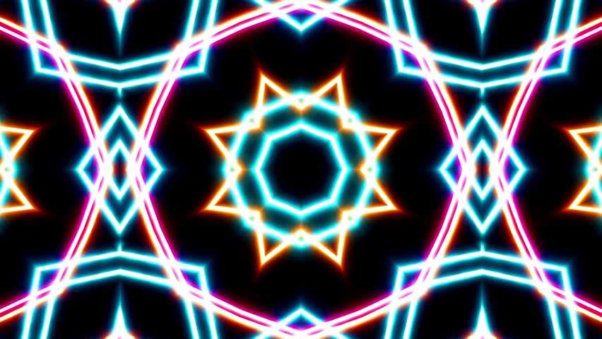 A mesmerizing digital artwork featuring glowing neon lines forming a symmetrical starburst pattern on a dark background, 150 chars.