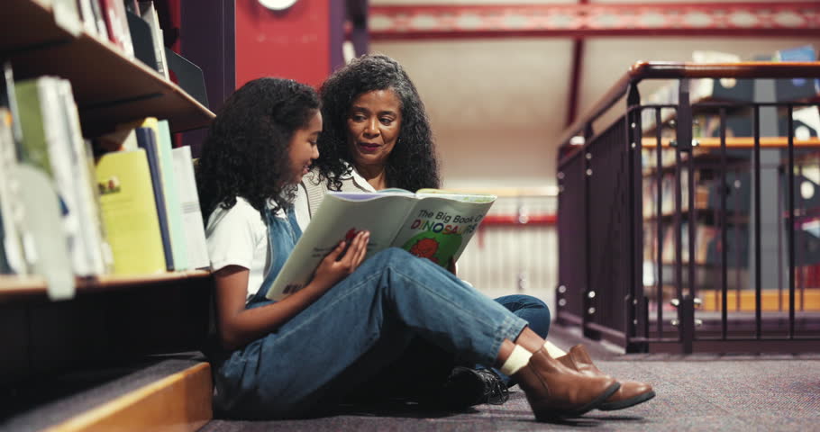 Book, library and grandma reading with kid for bonding, connection or development. Happy, education and senior woman with girl child for dinosaur story together on stairs for knowledge and learning.