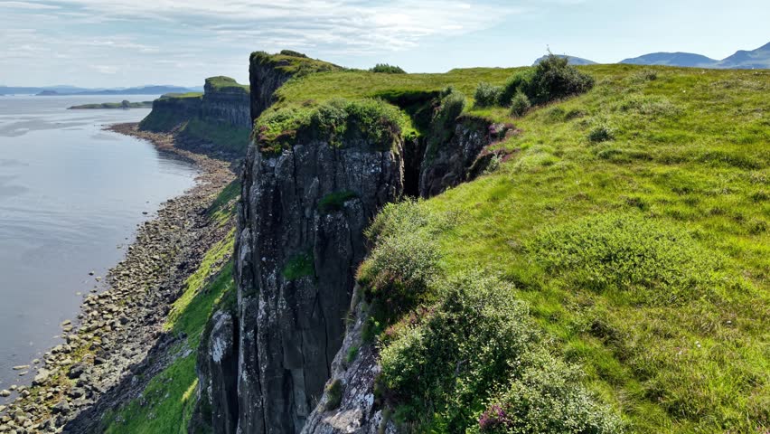 Breathtaking aerial view of the rugged cliffs and lush landscapes of Isle of Skye in Scotland