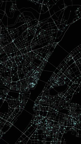 Urban Traffic Flow Map Simulation Portrait Mode in Wuhan, China, GPS Smart city route Transportation