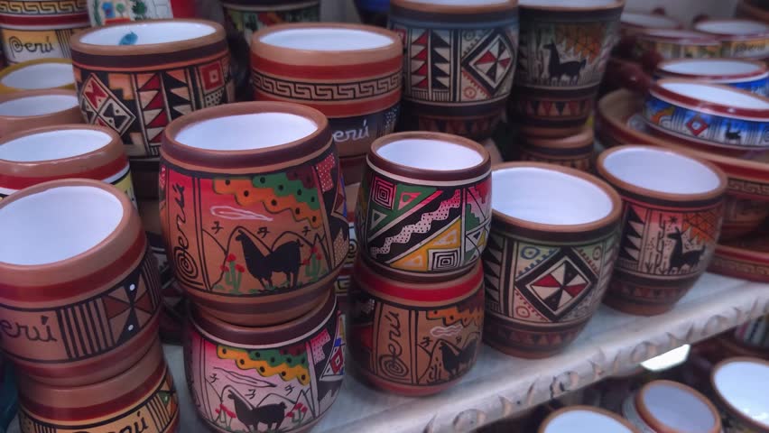 Rows of handcrafted ceramic cups with Peruvian andean colorful artwrork, arranged in an artisanal market stand in Lima, Peru.
