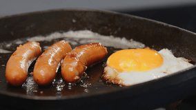 Delicious fried breakfast with golden sausages and sunny-side up egg cooking in cast iron skillet, perfect for hearty morning meal preparation and healthy eating concepts. - Powered by Shutterstock - Get 15% off with code: PIKWIZARD15
