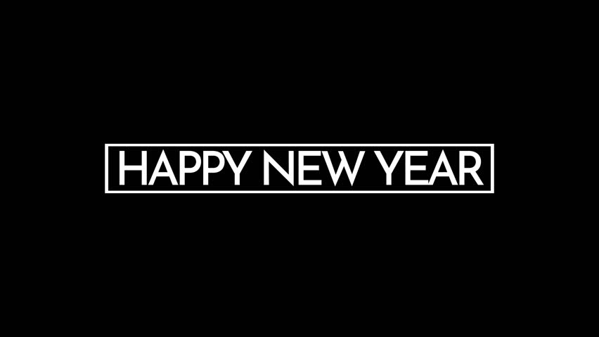 Retro RGB glitch typography reading Happy New Year inside a white frame on black background, with scanlines and digital noise. 4K video
