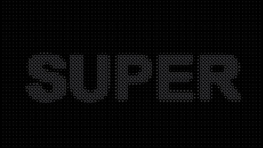 Animated word SUPER with geometric grid rotates horizontally and vertically, creating dynamic 3D motion. Seamless loop for titles, intros, digital design, futuristic style projects.