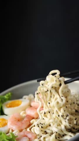 Noodles  shrimp and vegetables tasty seafood snack fresh delicious gourmet food background on the table rustic food top view copy space vegetarian food