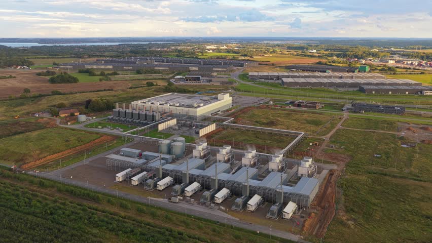 Fredericia, 18th of September, 2025, Denmark: Aerial drone photograph of a technology hub in Denmark featuring internet backbone servers and advanced digital connectivity systems.