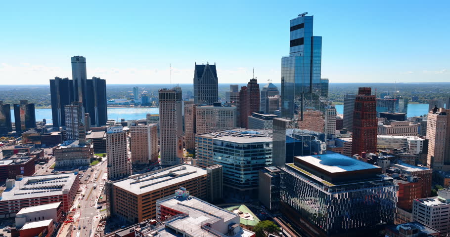Sunny scenery of Detroit downtown, Michigan, USA. Diverse building on the waterfront of the Detroit River. Aerial view.