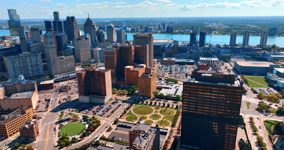 Modern parks and parking lots in the downtown of Detroit, Michigan, USA. Daytime scenery of the city from drone.