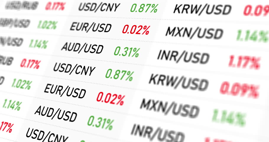 Currency exchange rates scrolling list, FX rate tickers of foreign currencies, exchange market data table, footage