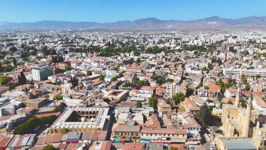 Aerial view of the Great Inn, Selimiye Mosque, in the Walled City of Nicosia, Northern Cyprus