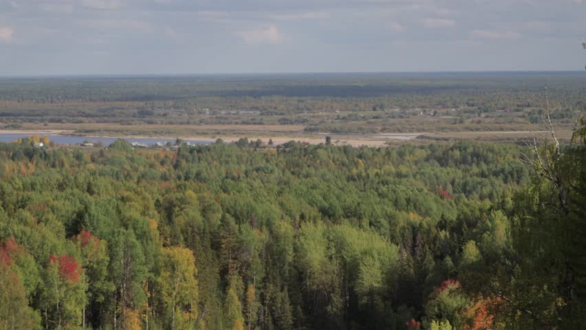 A breathtaking elevated view showcases lush, vibrant forests and a meandering river below a soft, cloudy sky