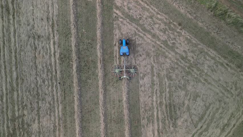 Tractor harvesting grass and making hay bales in field, aerial drone view. Aerial drone footage of a tractor working in an agricultural field during summer. The machine harvests grass and packs it 