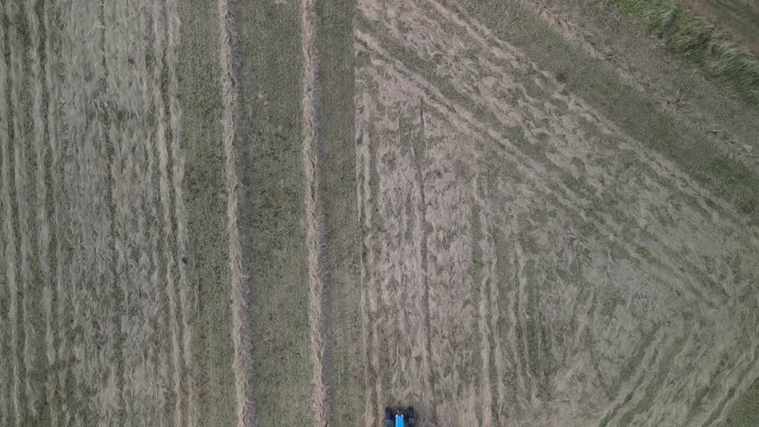 Tractor harvesting grass and making hay bales in field, aerial drone view. Aerial drone footage of a tractor working in an agricultural field during summer. The machine harvests grass and packs it 