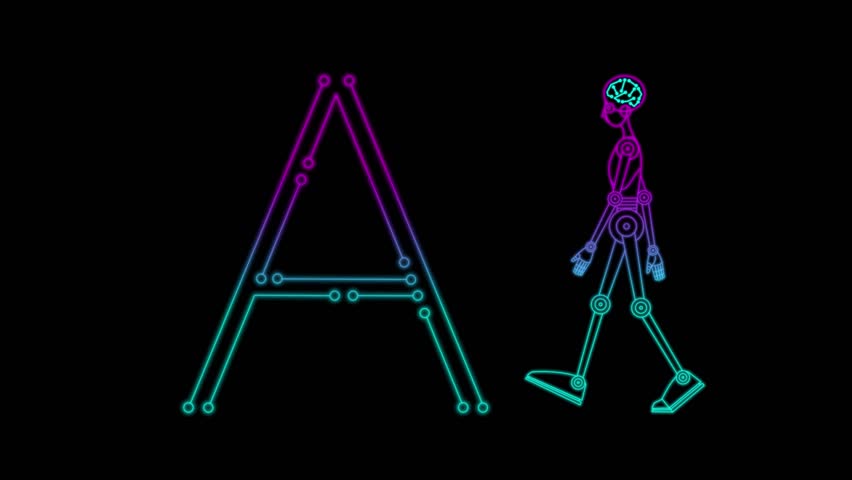 A humanoid robotic figure walking to the right of letter A. Animated artificial intelligence concept, 2D, side view, looping.
