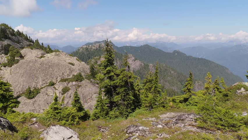 Majestic Mountain Range in British Columbia, Canada with Lush Evergreen Forests and Rocky Peaks