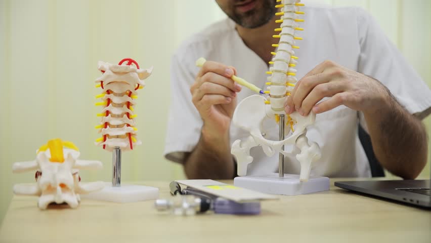The doctor effectively demonstrates the anatomy of the spine using various models and tools
