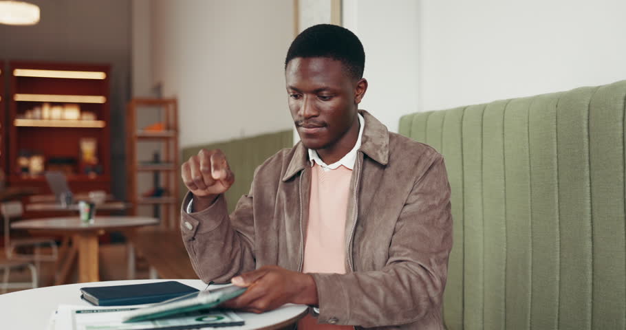 Face, smile and black man in cafe for remote work, content writer and tablet. Customer, portrait and freelance copywriter in coffee shop with technology, digital nomad and creative person with bokeh