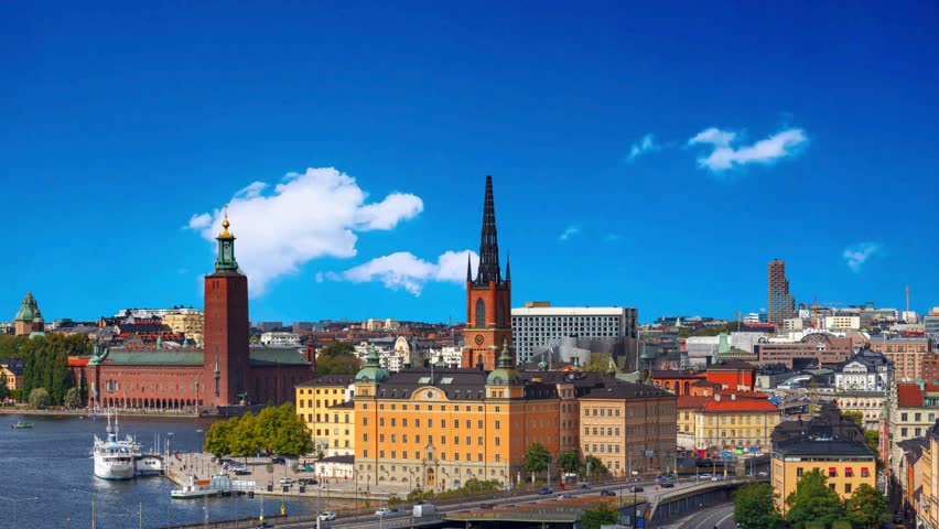 Stockholm, Sweden. Panoramic view of the Gamla Stan. The capital of Sweden. Cityscape during sunset. View of the old town in Stockholm. Photo for background, wallpaper, postcards.Stockholm, Sweden – M