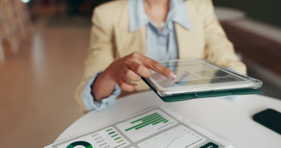 Digital marketing, hands and woman with tablet data for campaign performance, KPI stats or metrics. Social media manager, tech screen and graphs in office to monitor website traffic or user behavior