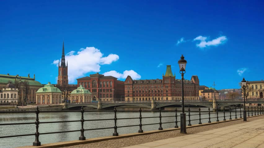 Stockholm, Sweden. Panoramic view of the Gamla Stan. The capital of Sweden. Cityscape during sunset. View of the old town in Stockholm. Photo for background, wallpaper, postcards.Beautiful view on the