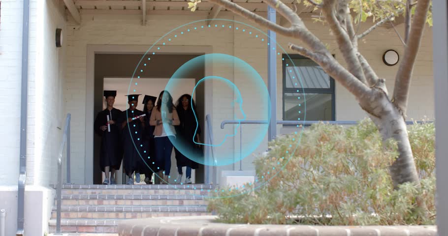 Door opening sending grads descending steps celebrating graduation, blue overlay showing diplomas. Celebration, achievement, friendship, university, campus, outdoor, vibrant