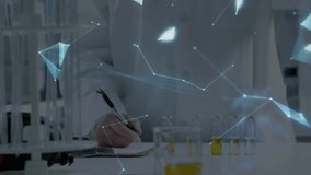 Senior scientist writing and holding test tube starting network forming 3D globe for lab research. Innovation, biotechnology, visualization, data, exploration, digital, discovery - Powered by Shutterstock - Get 15% off with code: PIKWIZARD15