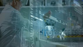 Senior scientist picking test tube for lab analysis, drawing sample as holographic visuals shifting. Biotechnology, innovation, digital, futuristic, precision, science, research - Powered by Shutterstock - Get 15% off with code: PIKWIZARD15