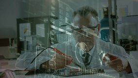 Electronics engineer contacting PCB with red black probes tracking data via holographic chart. Technology, innovation, diagnostics, futurism, precision, engineering, data visualization - Powered by Shutterstock - Get 15% off with code: PIKWIZARD15