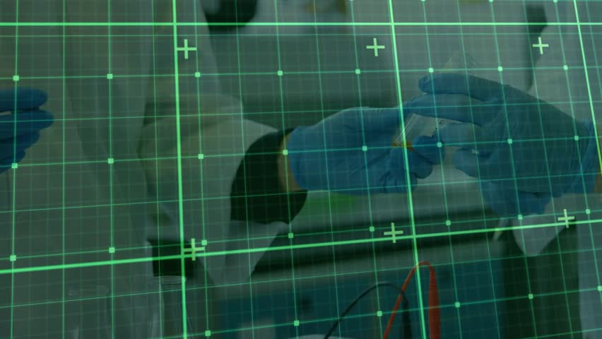 Green grid overlay initiating scientist picking pipette aspirating and dispensing orange liquid. Laboratory, research, precision, innovation, science, technology, experiment