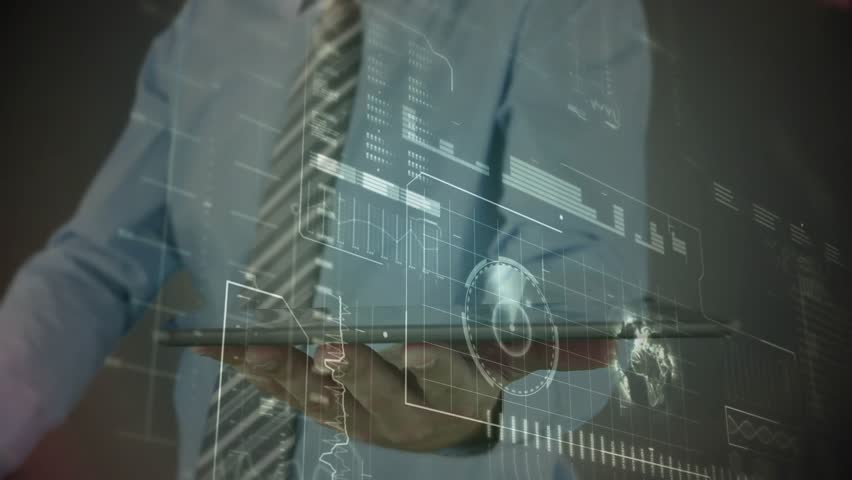 Business professional swiping tablet showing bar charts, tapping rotating arrow analyzing data. Technology, data visualization, futuristic, analytics, innovation, digital interface, corporate