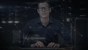 Man pressing keys, typing as holographic network lines and data panels intensifying for analytics. Technology, innovation, data, cybersecurity, futuristic, digital, workspace - Powered by Shutterstock - Get 15% off with code: PIKWIZARD15