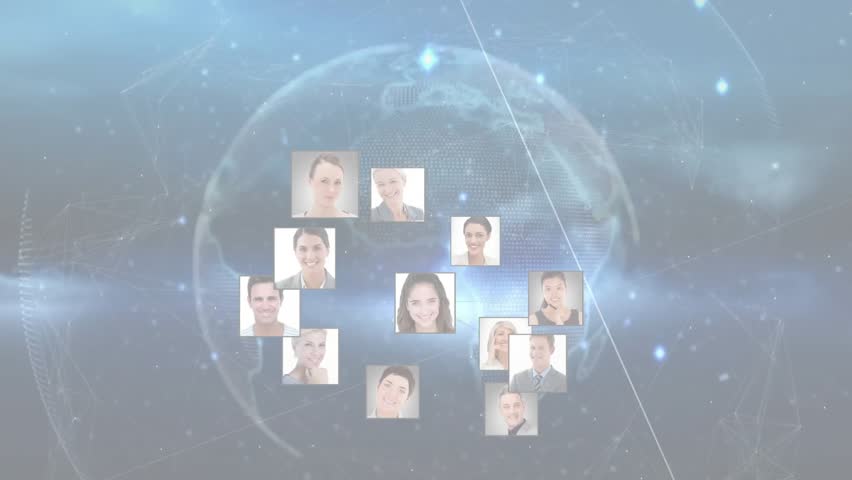 On data input, mesh sphere expanding, attaching headshots and forming arcs visualizing tech network. Digital network, connectivity, abstract, innovation, collaboration, technology, futurism - Powered by Shutterstock - Get 15% off with code: PIKWIZARD15