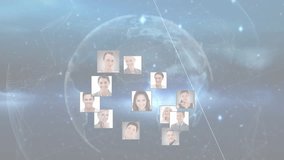 On data input, mesh sphere expanding, attaching headshots and forming arcs visualizing tech network. Digital network, connectivity, abstract, innovation, collaboration, technology, futurism - Powered by Shutterstock - Get 15% off with code: PIKWIZARD15