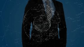 Businessman pointing at network sphere, pulsing nodes, fading icons illustrating strategy. Futuristic, technology, innovation, digital, connectivity, leadership, corporate - Powered by Shutterstock - Get 15% off with code: PIKWIZARD15