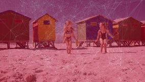 Upon raising arms by beach huts sisters jumping three times, stepping apart gesturing for health. Playful, friendship, vitality, outdoor, colorful, energetic, leisure - Powered by Shutterstock - Get 15% off with code: PIKWIZARD15