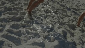 Upon entering frame, friends crossing sand under rotating network sphere illustrating connectivity. Beach, friendship, connectivity, digital, modern, leisure, outdoor - Powered by Shutterstock - Get 15% off with code: PIKWIZARD15