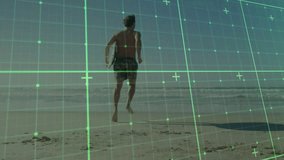 Shirtless male spotting waterline and sprinting across sand toward surf as green tech grid shifting. Adventure, technology, futurism, dynamic, coastal, athletic, vibrant - Powered by Shutterstock - Get 15% off with code: PIKWIZARD15