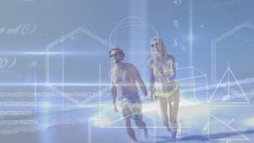 digital hexagons and cubes fading over beach, couple jogging along shore tracking fitness metrics. Romance, athleticism, seascape, technology, vitality, leisure, dynamic - Powered by Shutterstock - Get 15% off with code: PIKWIZARD15