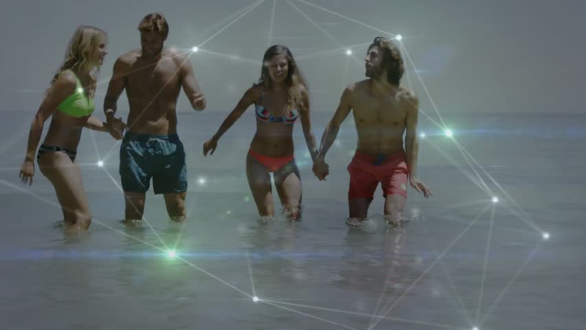 Friends lifting hands and animating network overlay while jumping into water for playful splash. Adventure, camaraderie, celebration, aquatic, connectivity, vibrant, leisure